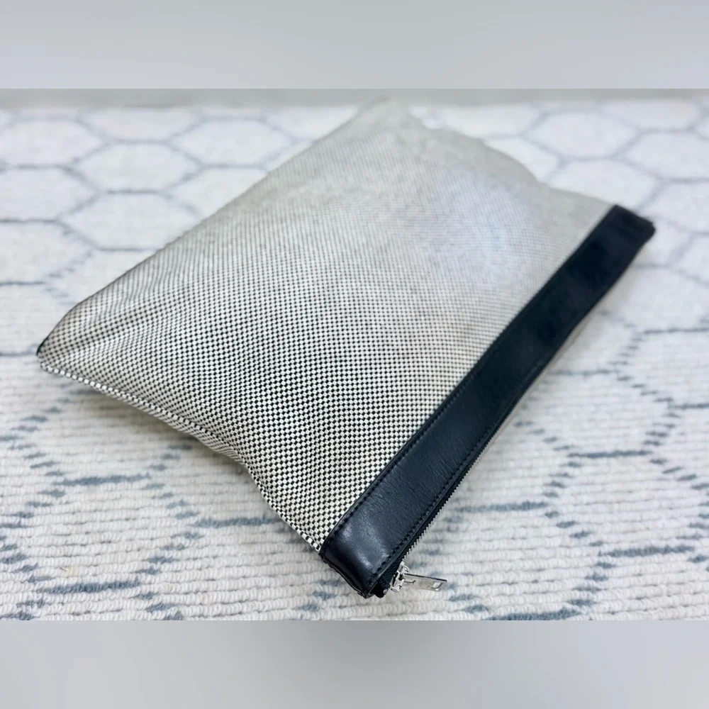 ALEXANDER WANG BLK/WHTE Woven Canvas Medium Pouch Clutch W/ BLK Leather Trim